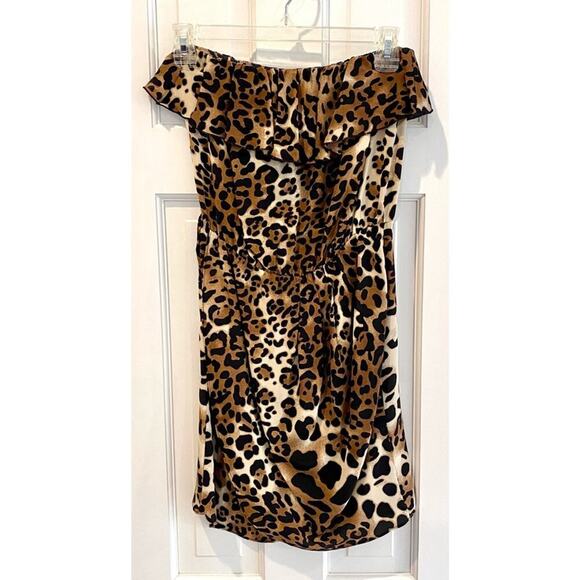Amanda Uprichard Strapless Leopard Cheetah Print Ruffle Silk Mini Dress - Picture 2 of 5
